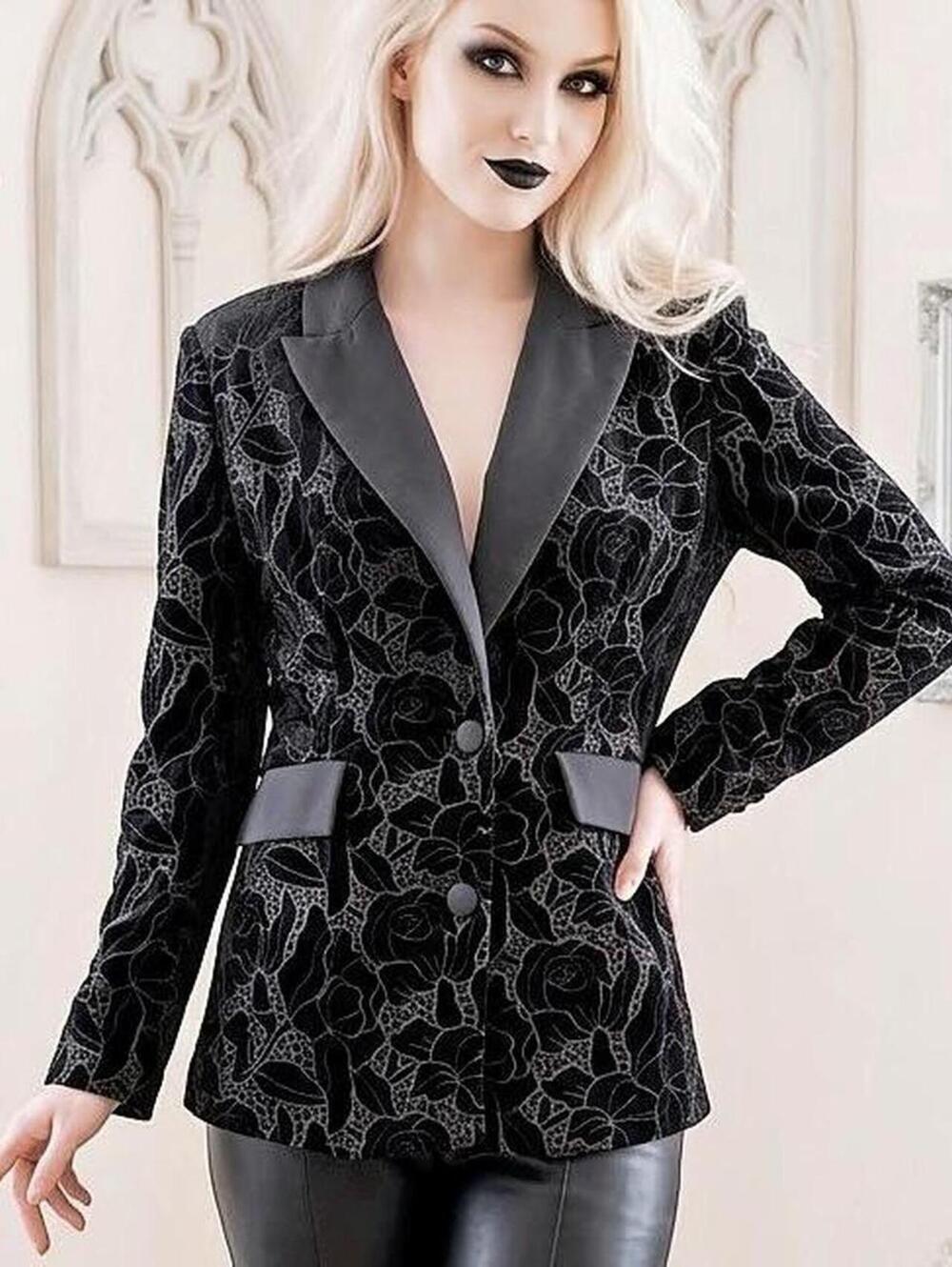 MOTF black velvet blazer with silver rose print and satin lapels. Size S